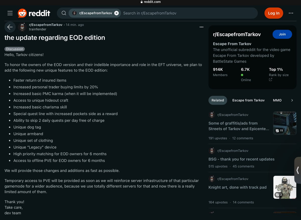 YoDancer_TTV's tweet photo. “Access to offline PVE for EOD owners for 6 months” - Oh boy, I think this is just going to make the already burning firestorm escalate to a total inferno now… 🔥

#tarkov #EscapefromTarkov https://t.co/FuQ76yc8gG