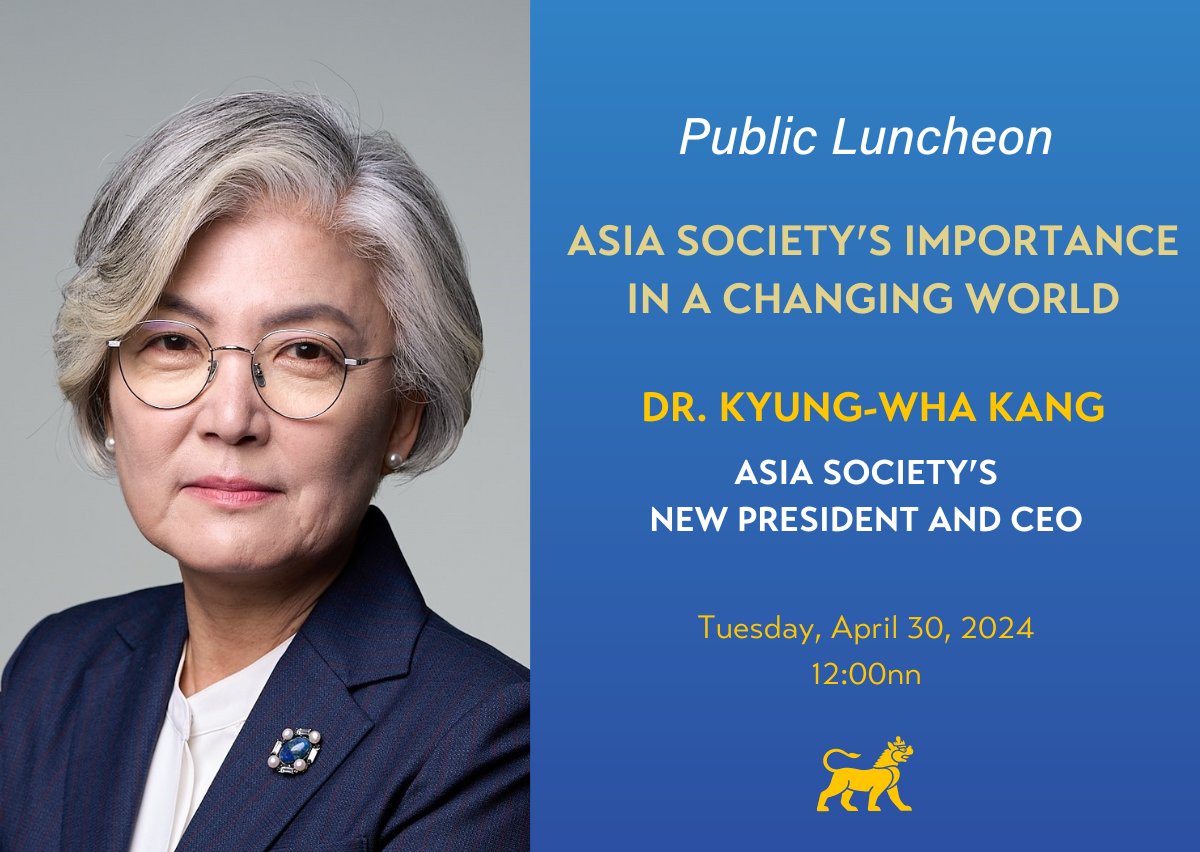 Dr. Kyung-wha Kang, President and CEO of Asia Society, will be coming to Hong Kong next week and Asia Society Hong Kong Center is proud to host a series of special programs to welcome her. Join us for lunch and a fireside chat on April 30: asiasocietyhk.glueup.com/event/asia-soc…