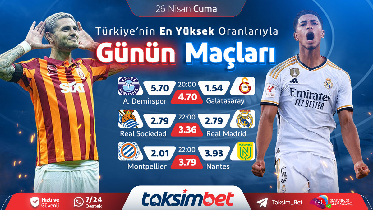 📢#TrendGroup 'ta Günün En Heyecanlı Maçları Dev Oranlarla Sizlerle‼️

🕒 20:00 - Adana Demirspor⚔️Galatasaray
🕒 22:00 - Real Sociedad⚔️Real Madrid
🕒 22:00 - Montpellier⚔️Nantes

🎯t.ly/taksimbetgiris