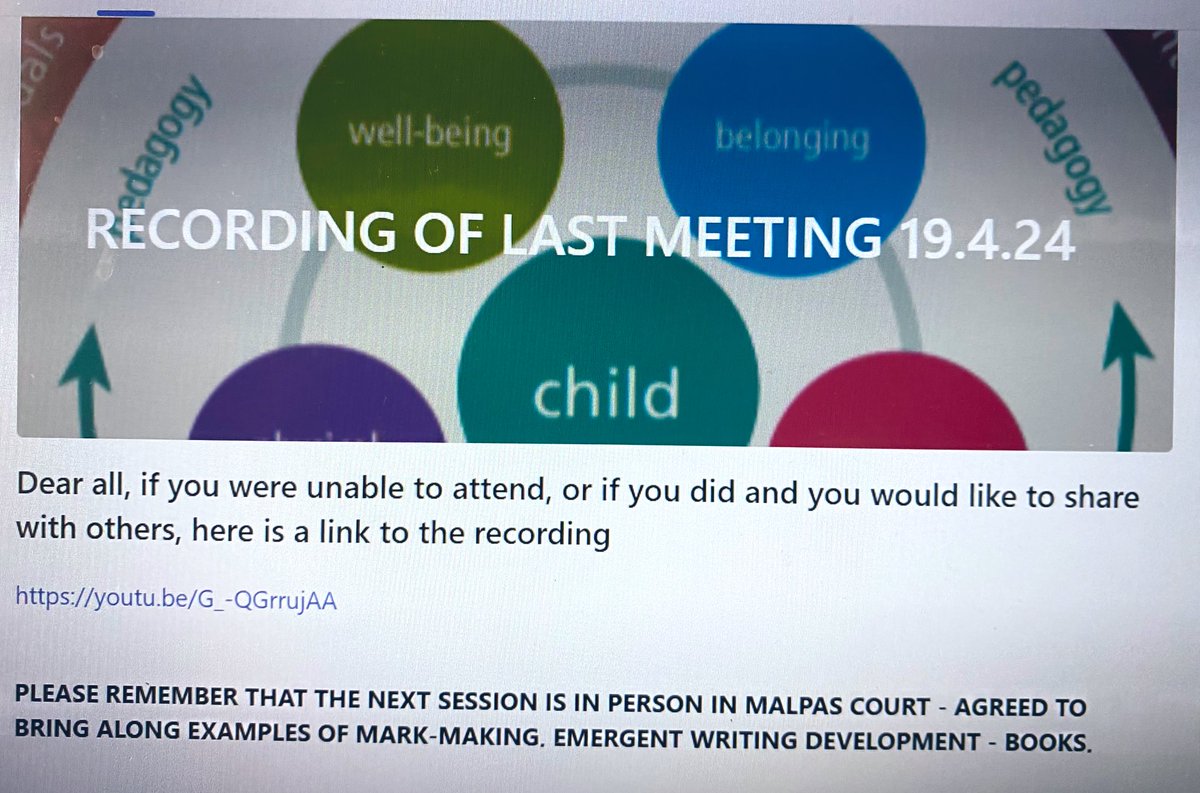 Hi EYs Leaders - I’ve uploaded a recording of the last meeting (emergent writing) into our TEAMS space. Please pop in to take a look. Next meeting BRING examples along to share with others! Malpas Court MANSION (not school) 😉