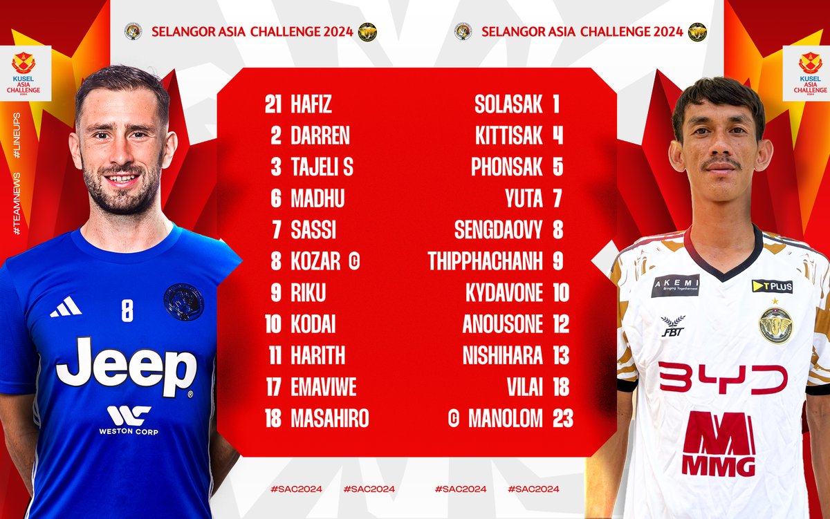 Here are the team line-ups for the first match of the 𝐒𝐞𝐥𝐚𝐧𝐠𝐨𝐫 𝐊𝐔𝐒𝐄𝐋 𝐀𝐬𝐢𝐚 𝐂𝐡𝐚𝐥𝐥𝐞𝐧𝐠𝐞 𝟐𝟎𝟐𝟒! 

🎟️ Secure your tickets now by clicking the link in our bio!

📺 Watch all the matches live exclusively on @ASTROARENA 

#SFC #MKLK #SAC2024 
#MerahKuning