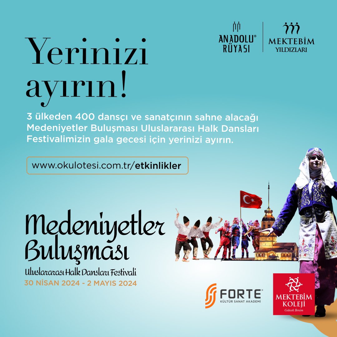 forteakademi's tweet photo. 3 ülkeden 400 dansçı İstanbul’da buluşuyor. 

Forte Akademi ve @mektebimkoleji iş birliği ile hayata geçecek Medeniyetler Buluşması Uluslararası Halk Dansları Festivali, 30 Nisan - 2 Mayıs tarihleri arasında İstanbul’da!

Detaylı bilgi ve rezervasyon :
https://t.co/oKkzkpQx3J https://t.co/KYaZwJPMRK