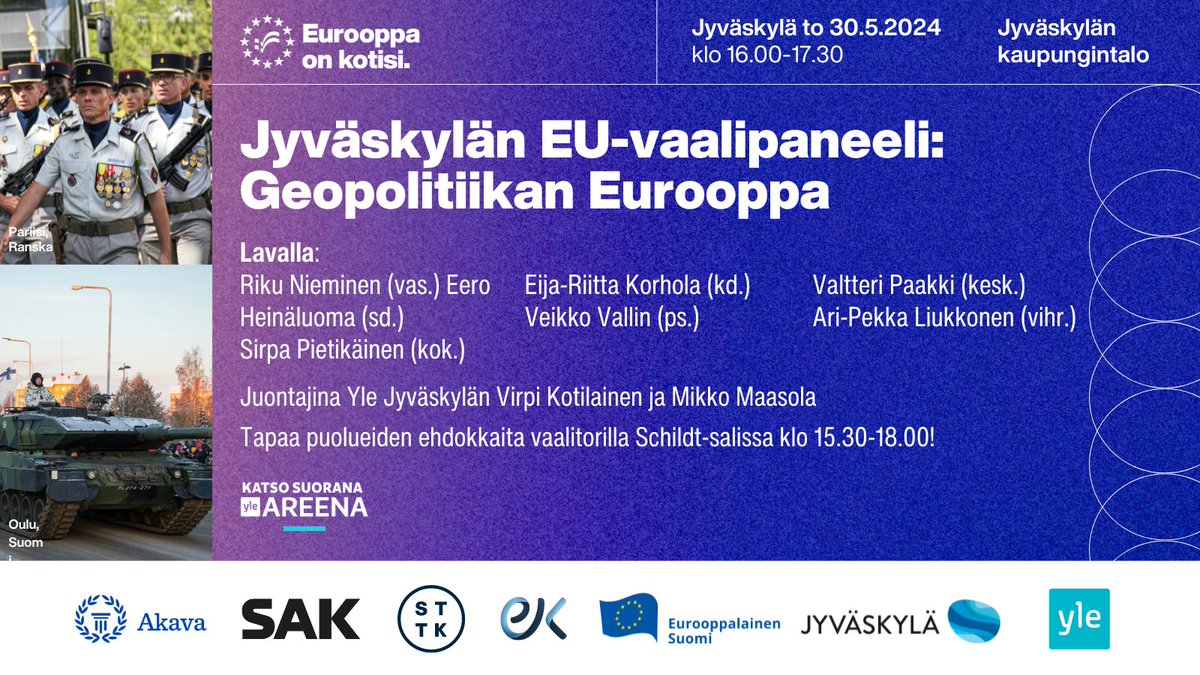 🇪🇺💬 #EurooppaOnKotisi -kiertue saapuu Jyväskylään 30.5.! JKL kaupungintalolla keskustelua geopolitiikan Euroopasta klo 16 alkaen. Vaalitori klo 15.30 alkaen 🤩 Vapaa pääsy, paikkoja rajoitetusti. Seuraa myös Yle Areenasta! Lisätiedot: fb.me/e/xtzTBPyiP #EUvaalit