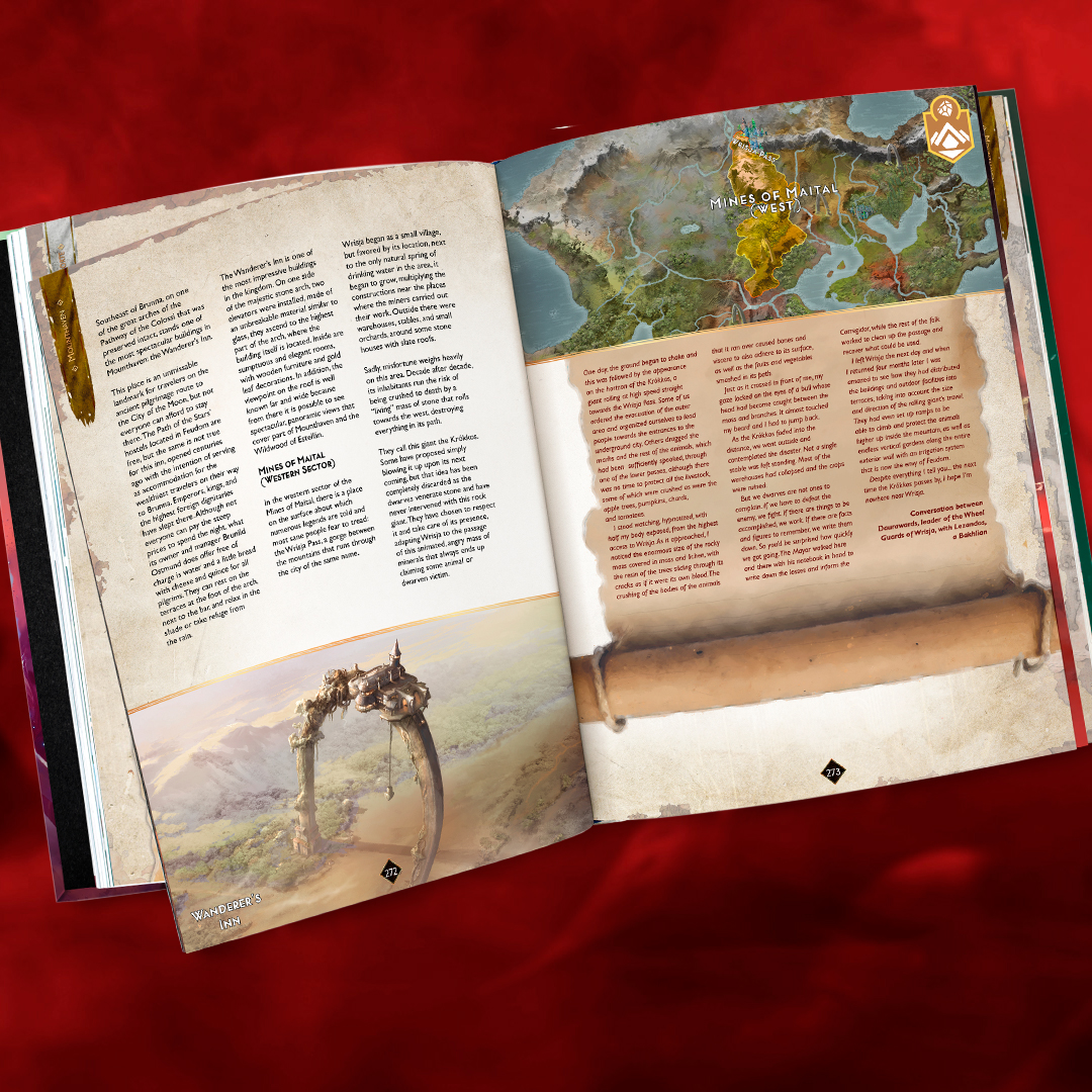 Además de la historia de las naciones y el trasfondo de sus tropas, en el libro de Warcrow encontrarás líneas temporales, dinastías, pequeños trocitos narrativos de personajes relacionados con las naciones... Vas a alucinar.