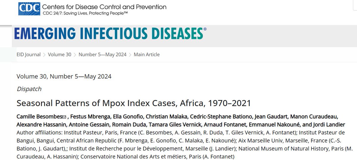 Very pleased to announce our study of seasonal patterns of zoonotic mpox cases in Africa, 1970-2021 wwwnc.cdc.gov/eid/article/30…