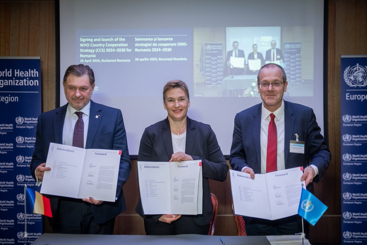 Now signed! Country Cooperation Strategy between @WHO & MoH Romania – setting the strategic direction for 7 years Priorities: quality of care, health workforce, digital health, pandemic prep, equity & enabling environment for health 🙏Minister Rafila for our ongoing collaboration