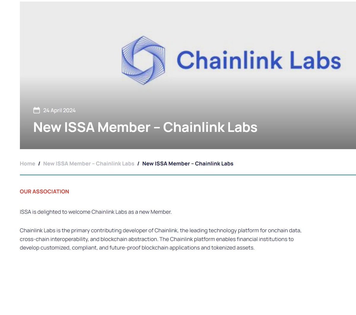 🚨#Chainlink has just joined the ISSA

ISSA is an international association that supports the Securities Services industry globally 🌎

'ISSA is delighted to welcome Chainlink Labs as a new Member. The Chainlink platform enables financial institutions to develop customized,…