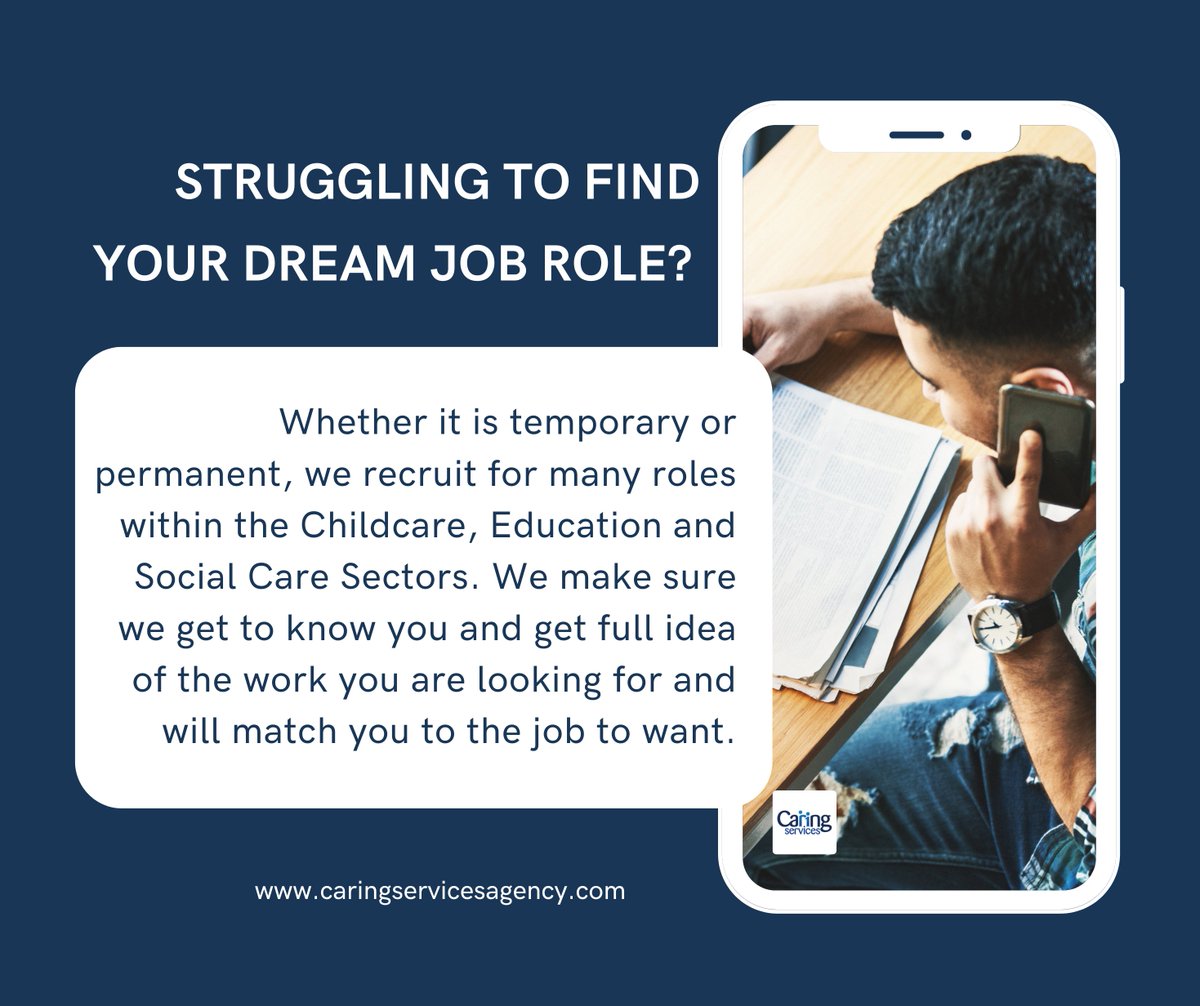 Struggling to find your dream role? 

Whether it is temporary or permanent, we recruit for many roles within the Childcare, Education and Social Care Sectors, trust us to find you your perfect job and register your details today:caringservicesagency.com/register-today

#lookingforjob #jobhunting