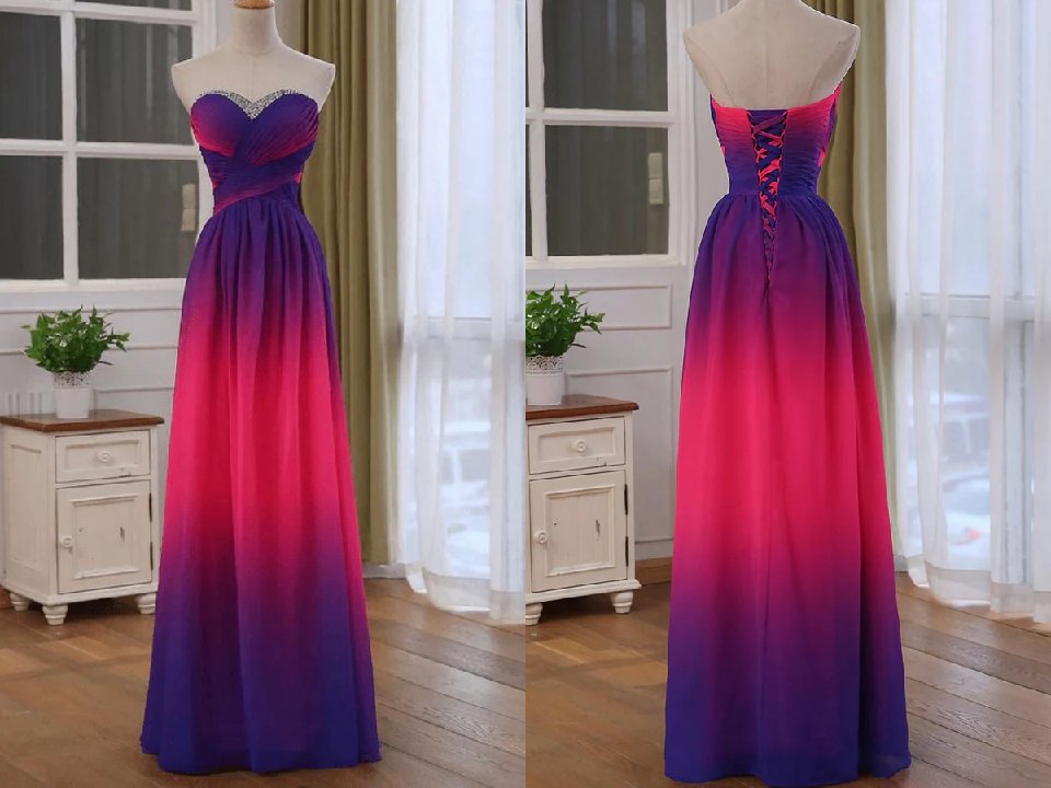 Beads Sweetheart Fuchsia Pink Ombre Chiffon Prom Dress, Long Formal Gown