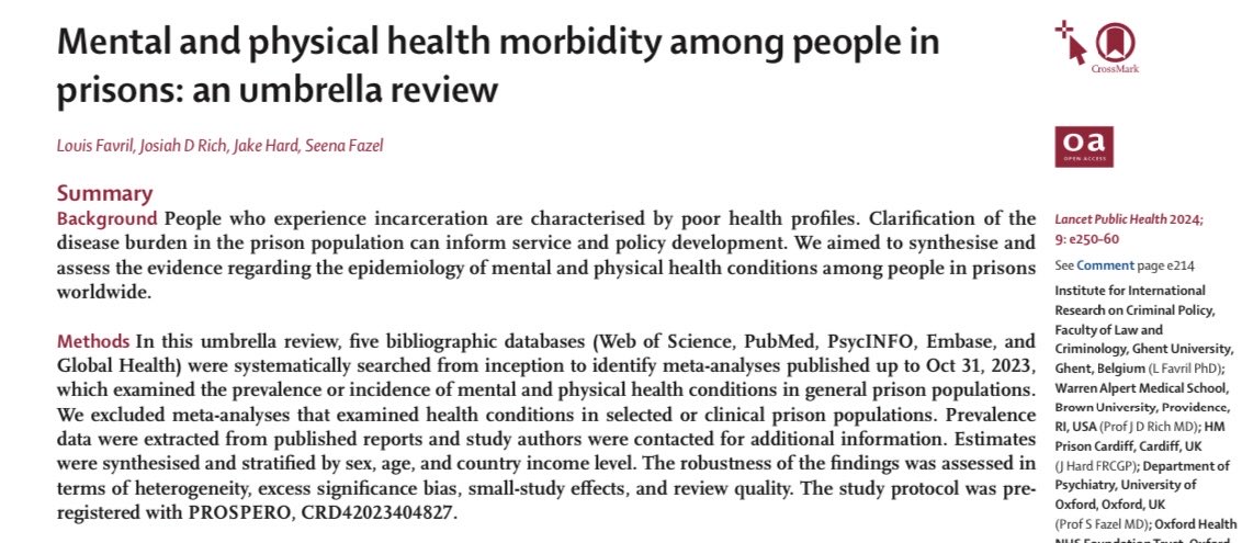 What do we know about prevalence of mental and physical health conditions in people in prison? 🧵on new paper. #prison