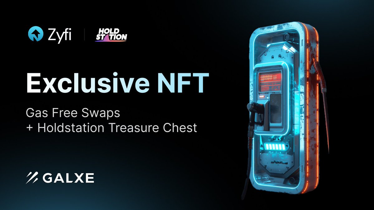 💥 Limited #Zyfi &amp; #Holdstation NFT edition with Gas-free Swap &amp; Treasure Chests!

We've partnered with <a href="/Zyfi_org/">Zyfi ⬆️</a> to offer you an exclusive reward!

✅ Follow <a href="/Zyfi_org/">Zyfi ⬆️</a> and <a href="/HoldstationW/">Holdstation - The DeFAI Smart Wallet</a> on Twitter 
✅ Like &amp; retweet this tweet and the Zyfi tweet 
✅ Swap $50 of HOLD on Zyfi for