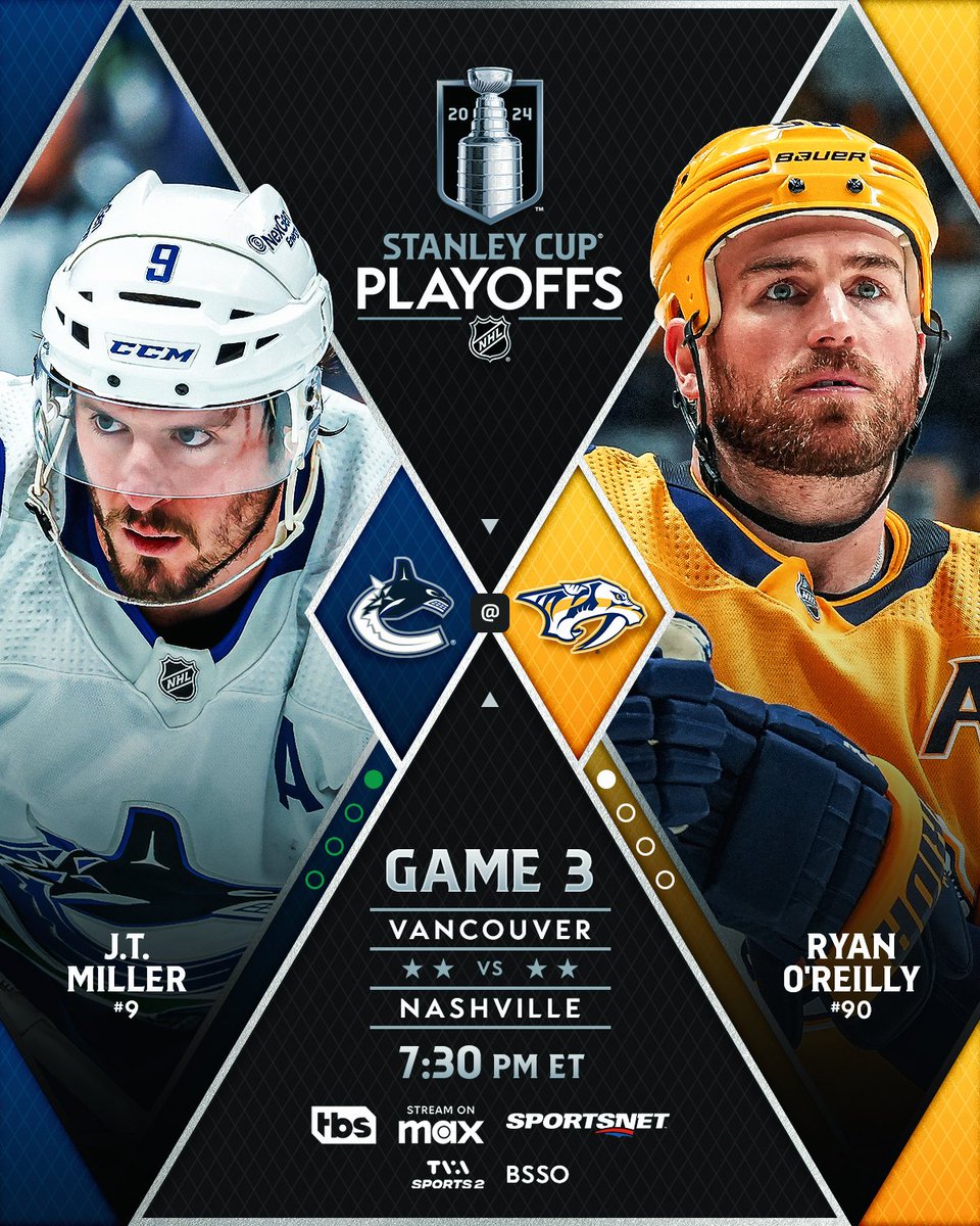 The @PredsNHL and @Canucks head to Bridgestone Arena for Game 3 with both teams looking to take a 2-1 series lead. #StanleyCup 📺: @TBSNetwork, @SportsonMax, @Sportsnet and @TVASports #NHLStats: media.nhl.com/public/news/17…