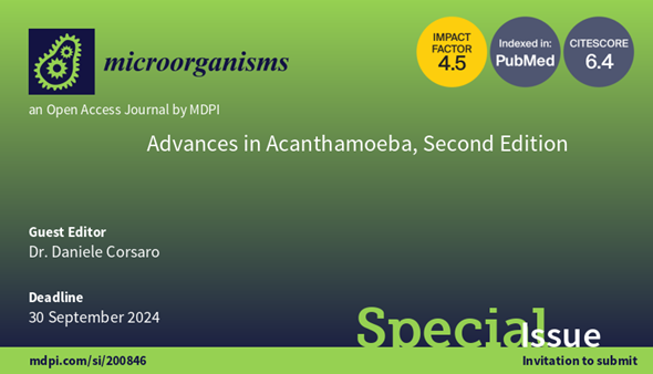 Special Issue: Advances in Acanthamoeba, Second Edition Website: mdpi.com/si/200846 Guest Editors: Dr. Daniele Corsaro #Acanthamoeba #antiamoebic #diagnostic #antiamoebic