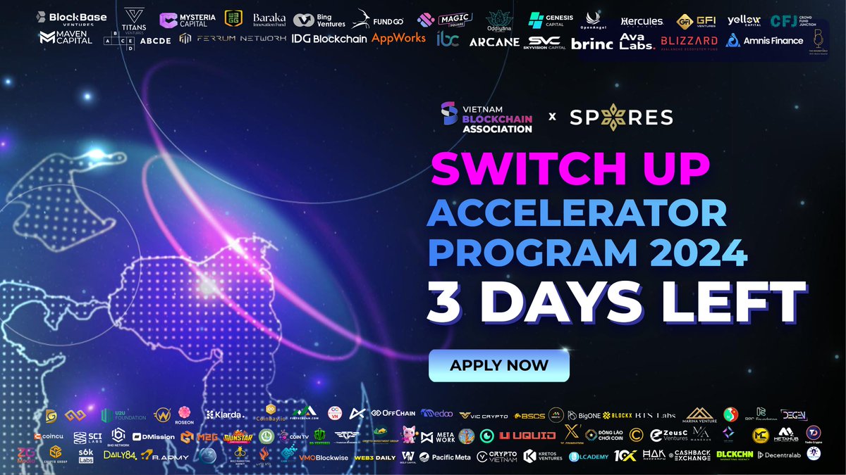 🚀 SWITCHUP ACCELERATOR 2024 - 3 DAYS LEFT TO APPLY! 🚀

Time is running out! Hurry and register your project before it's too late!

✨ Backed by 80+ esteemed #Web3 Venture Capitalists and Global Partners, this program is your ticket to success in the Web3 space.

🔥 Renowned…