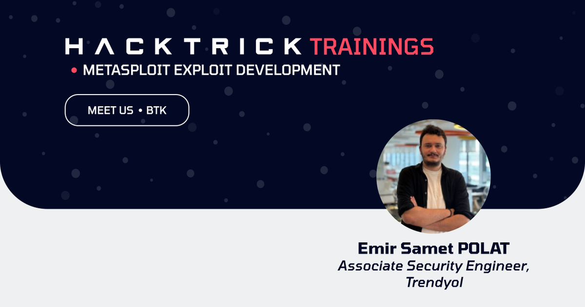 hacktrickconf's tweet photo. 🏁"METASPLOIT EXPLOIT DEVELOPMENT" Eğitimi ile Emir Samet POLAT 18-19 Mayıs'ta #hacktrickconf da!
Daha fazla eğitim için web sitesini ziyaret etmeyi unutmayın!
https://t.co/tfhEmm4AuZ
#hacktrick24 🛡️ https://t.co/LnFnXHsM7M