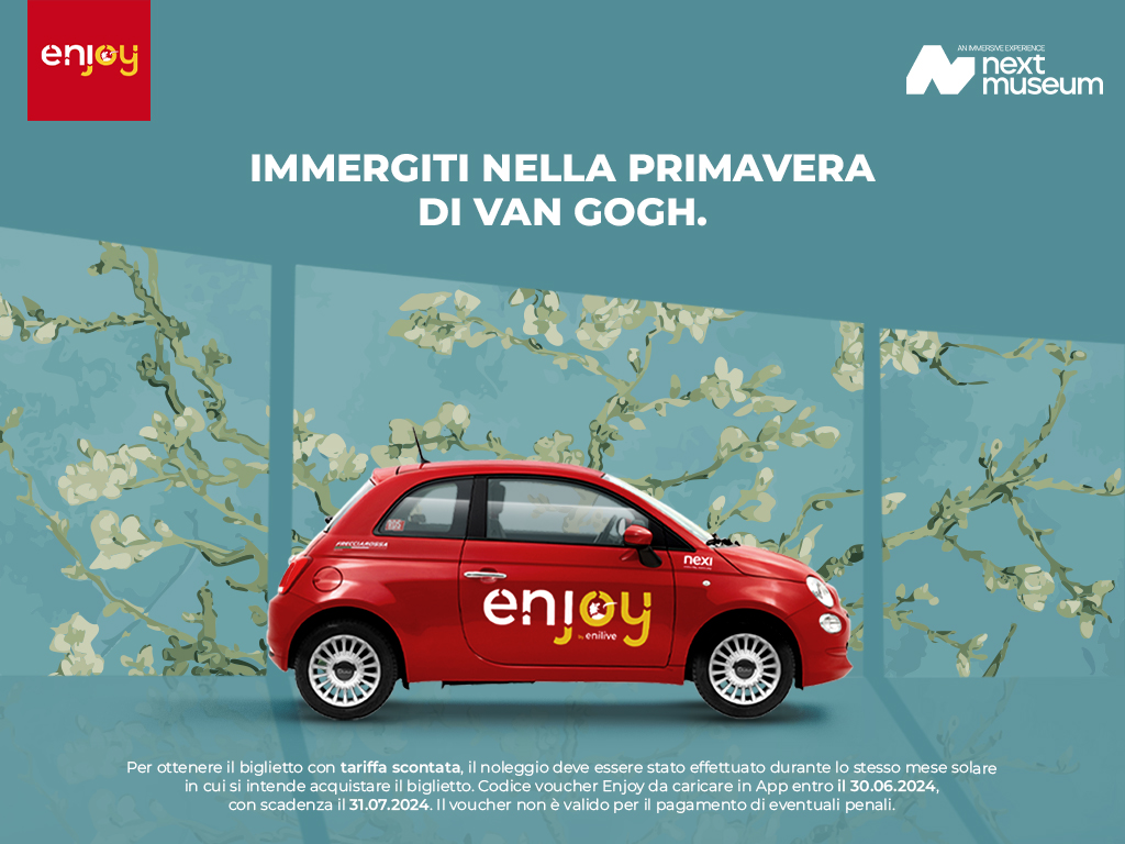 La primavera arriva alla mostra multimediale #VanGoghExperience al #NextMuseum di #Roma. Siamo Mobility Partner: raggiungila con #Enjoy, avrai un voucher di 5€ per i tuoi prossimi noleggi con il codice ENJOYXVANGOGH e uno sconto di 2€ sul biglietto.