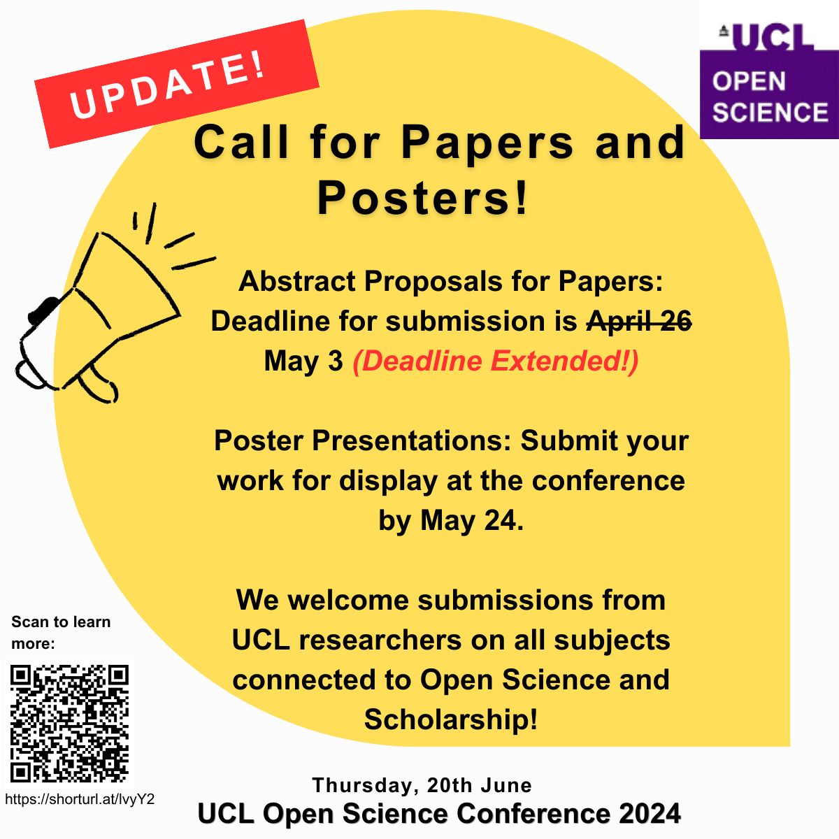 🚨Update: Deadline Extended! 🚨 The deadline for submissions to the UCL Open Science Conference has been extended! Haven't submitted your abstracts yet? You now have more time! The new deadline is May 3. Submit your proposals ASAP! More info: buff.ly/3TLRDdt @ucylpay