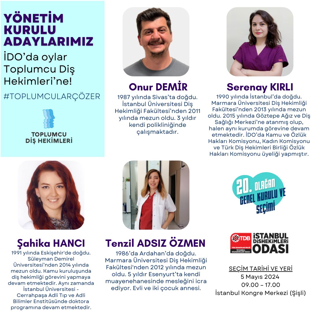 5 Mayıs Pazar günü İstanbul Kongre Merkezi’nde gerçekleştirilecek İstanbul Dişhekimleri Odası seçimleri için Yönetim Kurulu Adaylarımız.

#ToplumcularÇözer
#İDOdaOylarToplumculara