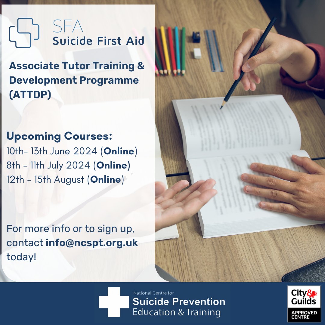 📢 Spaces Still Available: 10th - 13th June 2024 8th - 11th July 2024 12th - 15th August 2024 (All online via Zoom) To learn more about this course or apply, please contact info@ncspt.org.uk today! #SFA #suicideprevention #tutortraining #mentalhealth