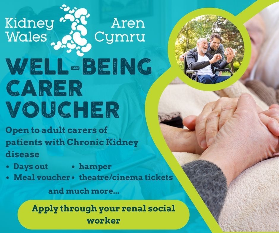 Introducing our new Adult Carer Wellbeing vouchers, valued up to £150. These are accessible to those caring for individuals with chronic kidney disease. Use them for days out, hampers, meal tokens, theatre passes, & more. Apply through your renal social worker. #CarerWellbeing