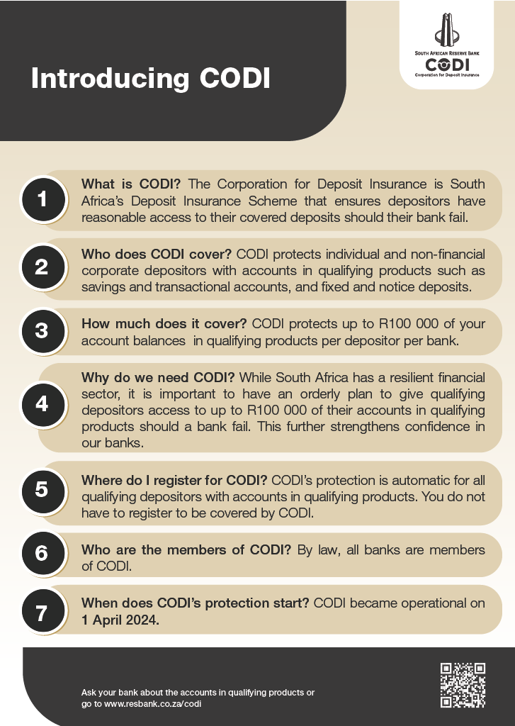 South Africa has a Deposit insurance scheme - Corporation for Deposit Insurance. #CODI protects qualifying depositors in the unlikely event of their bank failing. #CorporationforDepositInsurance #FinancialSafetyNet. Here are 7 things you need to know about CODI: