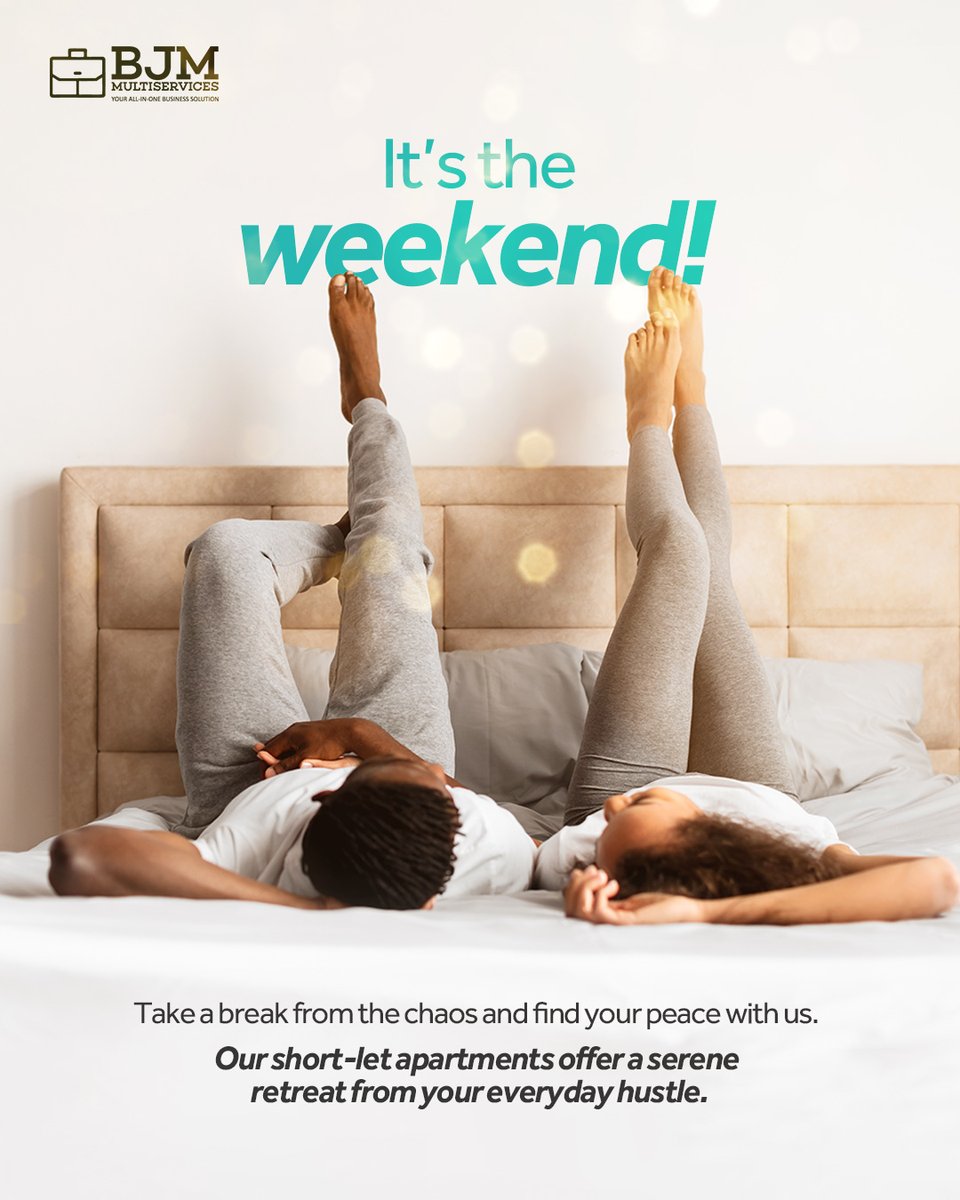 Finally the weekend is upon us. 🤩

Escape from the hustle,give your self a treat and book one of our shortlets to unwind. 

Send us a dm to make bookings and for inquiries. 

#Bjmmultiservices #ShortletsinLekki #ShortletsApartment #Airbnb #LuxuryApartments
#LekkiApartments