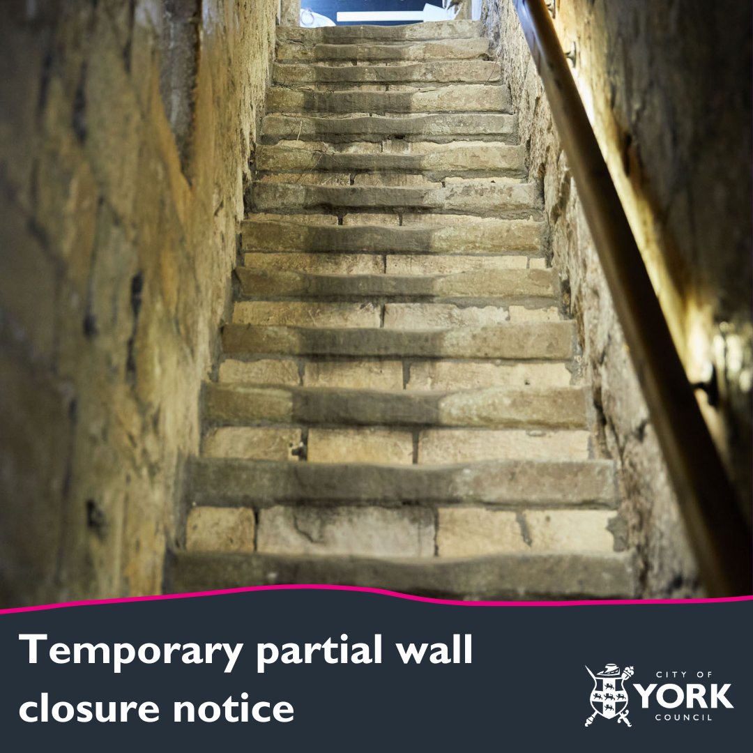 A section of the City Walls walkway, between Station Rise and Micklegate Bar, will be closed Friday 26 April - Monday 29 April to allow for safe completion of works on Queen St Bridge. Access gates will be locked, with signs in place. york.gov.uk/CityWalls