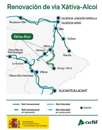 Adjudicamos por 84 M€ la renovación integral de 64 km de vía en la línea Xàtiva-Alcoi. Mejoraremos la fiabilidad y reduciremos los tiempos de viaje del Cercanías que une Valencia y Alicante. Estamos comprometidos con la movilidad sostenible en la Comunidad Valenciana.