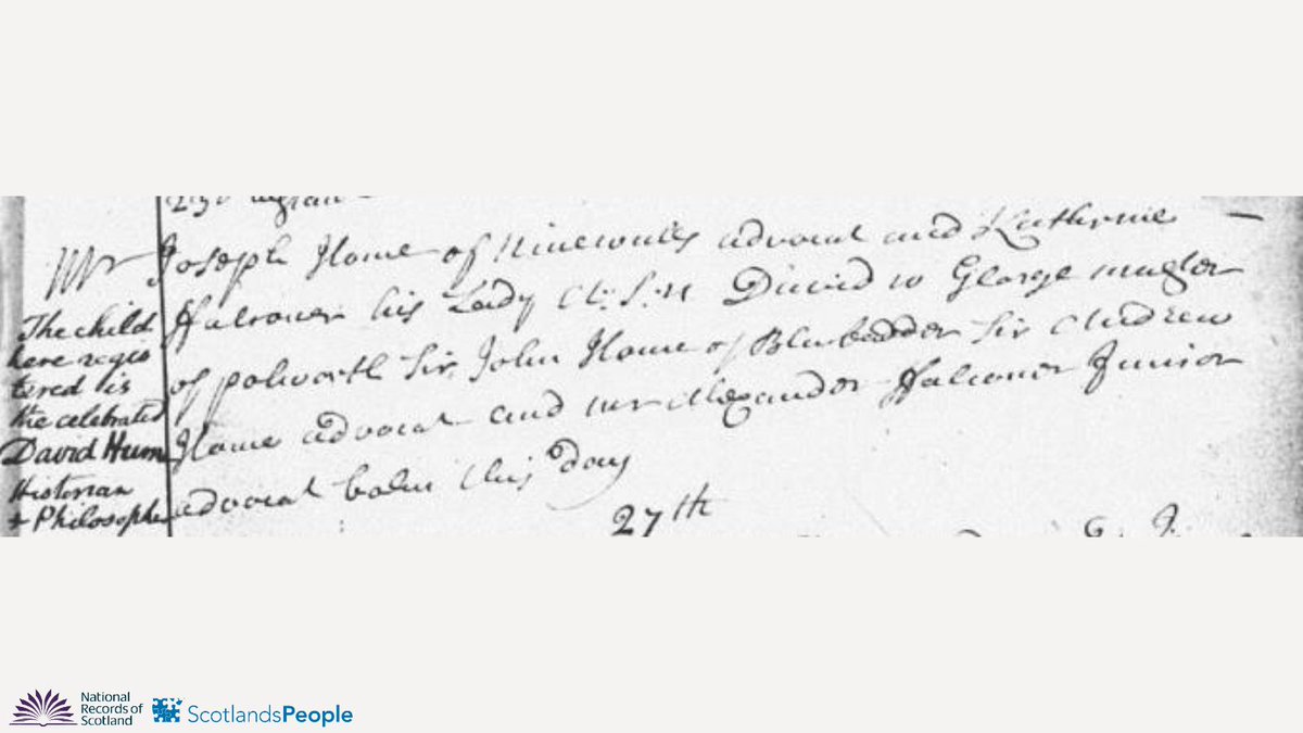 Baptism entry for David Hume, a leading figure of the Scottish Enlightenment, born 26 April 1711. An annotation in the margin reads: “the child here registered is the celebrated David Hume historian and philosopher”. Find more in the NRS Hall of Fame 👇 bit.ly/SPDavidHume