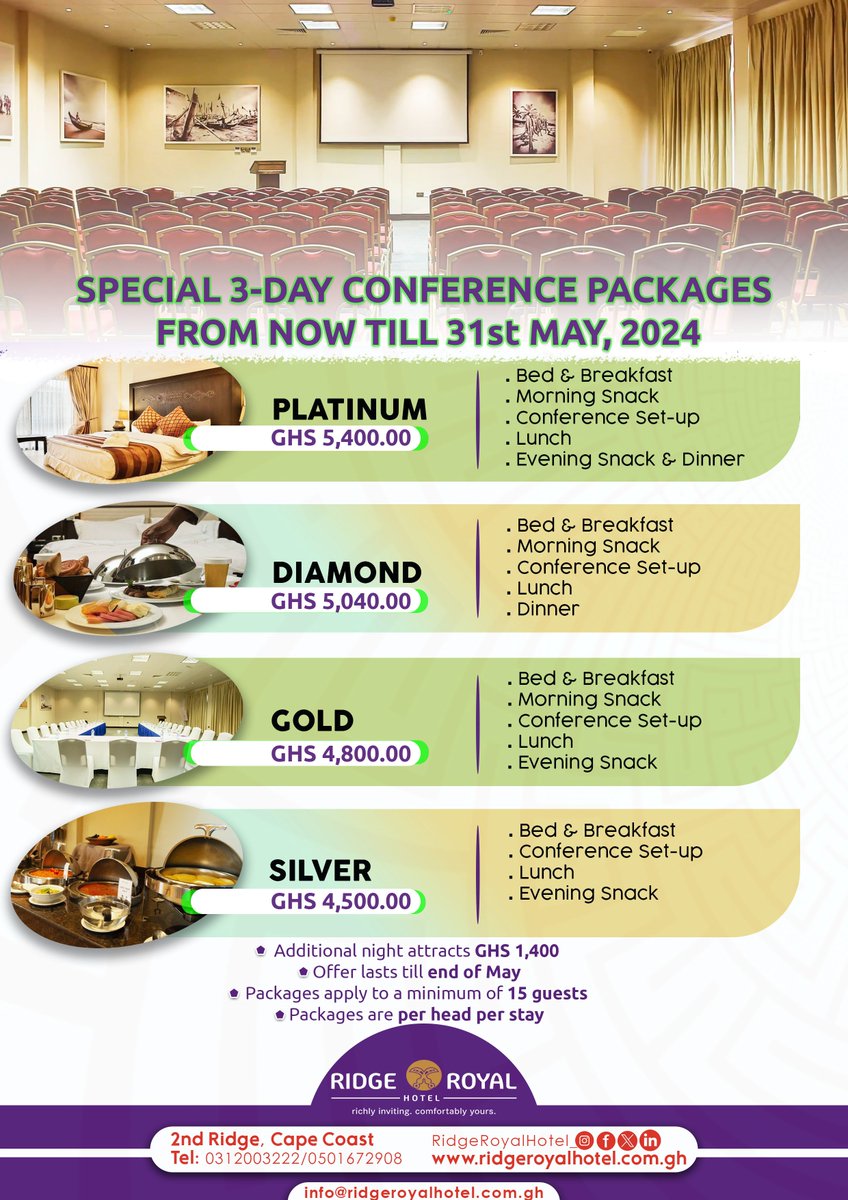Unveil the ultimate conference experience with our all-inclusive special packages, available until the end of May. Your perfect venue is ready and waiting! 
Reach out to us at +233 31 200 3222 to book now.
#RidgeRoyalHotel: richly inviting, comfortably yours.