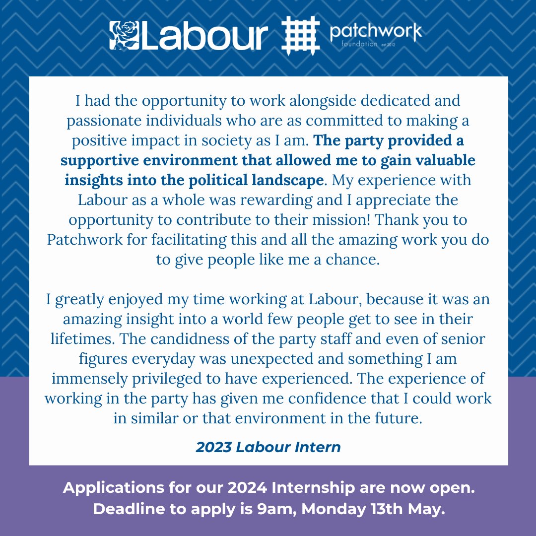 Still wondering if our Labour Party internship is the way you want to spend your summer? Maybe last year's interns reflections might convince you. Make this the summer that shapes your career and apply for our Labour internship now: patchworkfoundation.org.uk/our-work/inter…