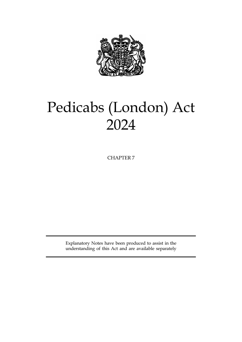 The Pedicabs (London) Act 2024 has received Royal Assent. Order your copy here - publicinformationonline.com/shop/423577 #UKLegislation #BillTracker