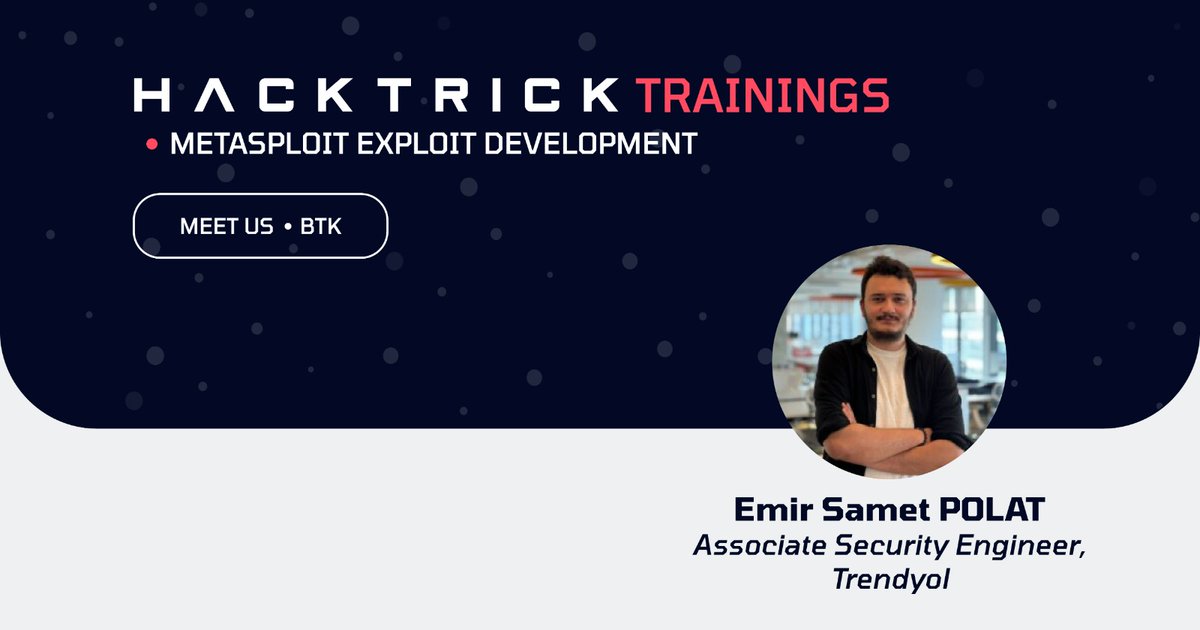 SiberKulupler's tweet photo. "Metasploit Exploit Development" Eğitimi ile Emir Samet Polat 18-19 Mayısta #hacktrickconf da! #hacktrick24
@hacktrickconf https://t.co/QCZUigIh1c