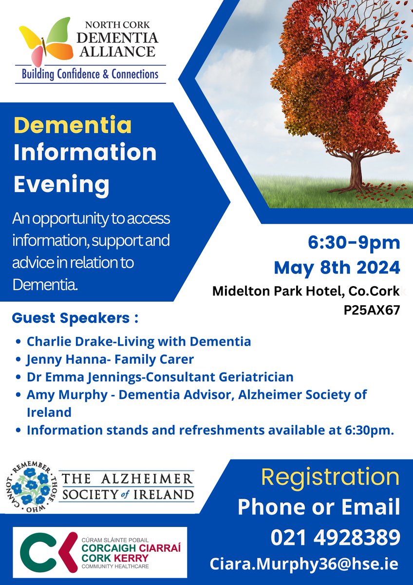 Join the North Cork Dementia Alliance on May 8th, 2023, 6:30-9pm at Midelton Park Hotel for a Dementia Info Evening. Gain insights from guest speakers, information stands and enjoy refreshments while connecting with others in our community.
#DementiaAwareness #FamilyResourceIRL