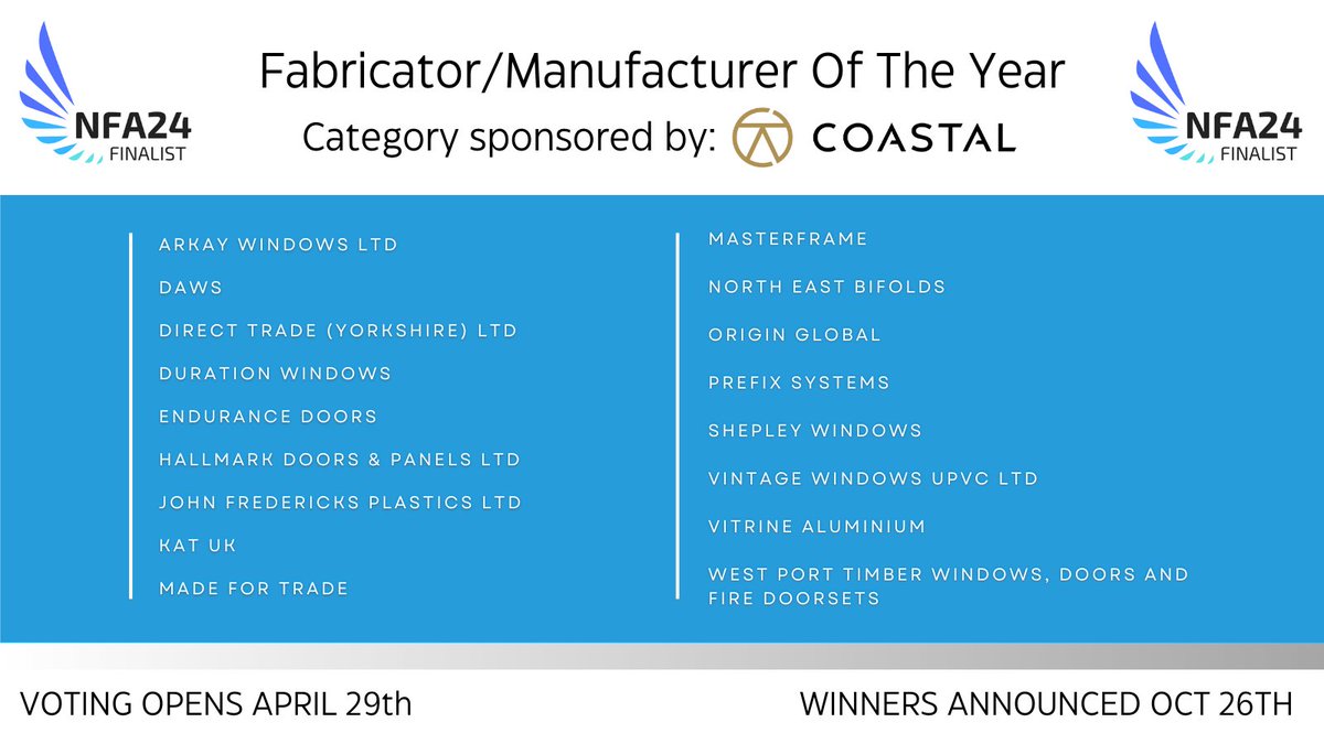 The #NFA24 Fabricator/Manufacturer Of The Year category is proudly sponsored by @Coastal_Group