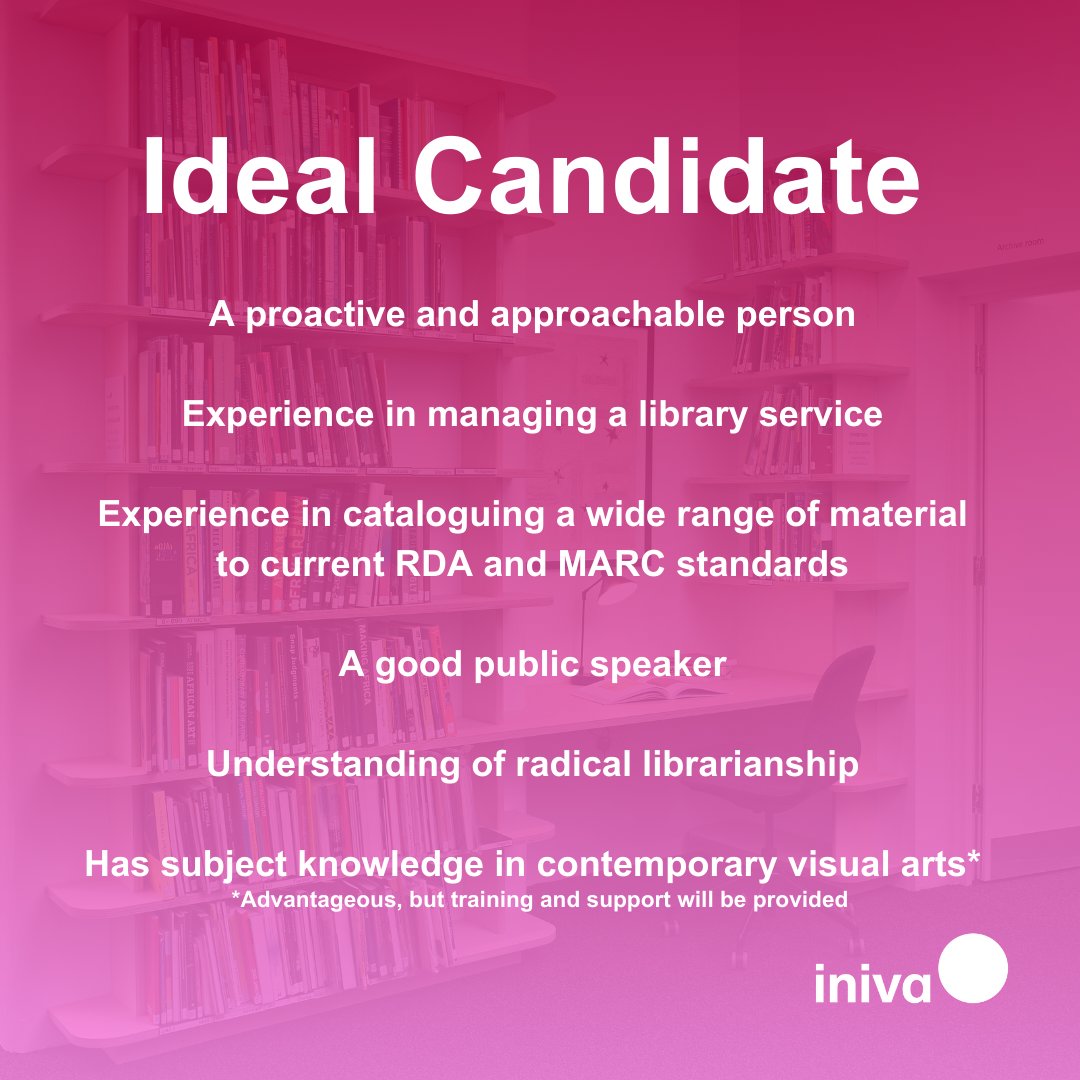 iniva is looking for an enthusiastic, friendly and proactive Library Manager to co-manage, promote and develop Stuart Hall Library. 

New deadline date: Sunday 5 May 2024 at 11.59pm

Details: ow.ly/xKBl50Roasj

@LISJobsLondon @CILIPInfoPJobs @cilipbame @ciliplndn #LISjobs