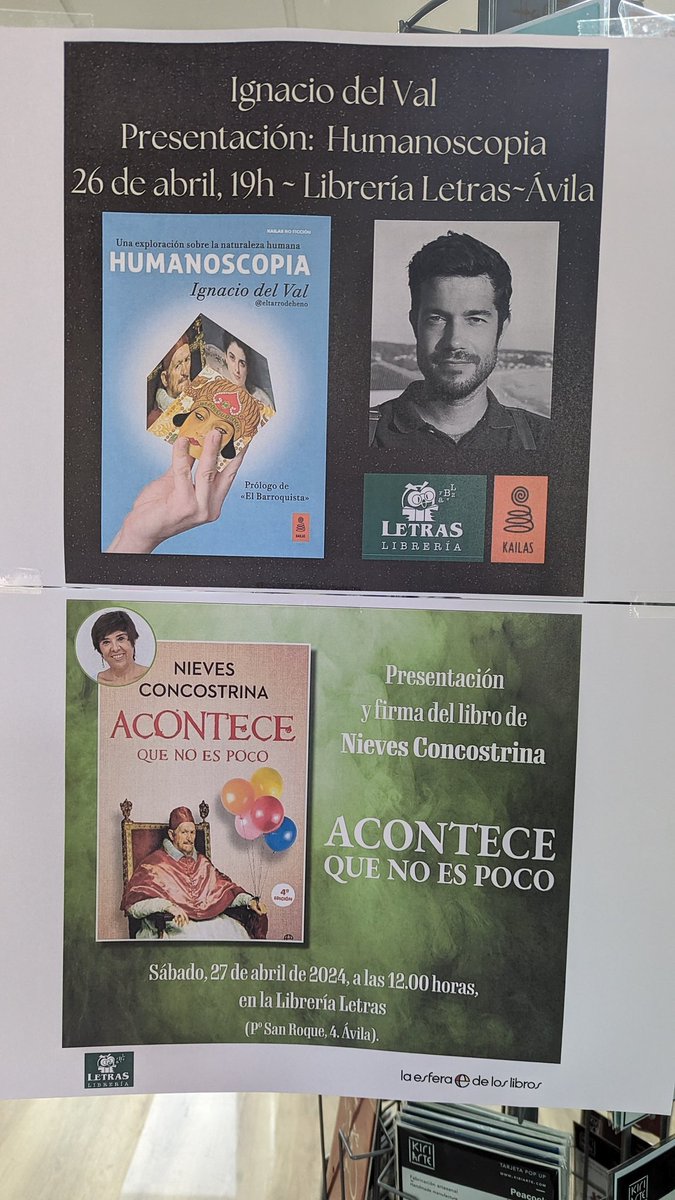 Ojo a los encuentros en la Librería Letras de este fin de semana. Ávila es una ciudad muy pequeña, pero cuando se quiere, se puede. Gema y Belén, las dueñas de la librería, y su equipo, son de lo mejor que nos ha pasado culturalmente.