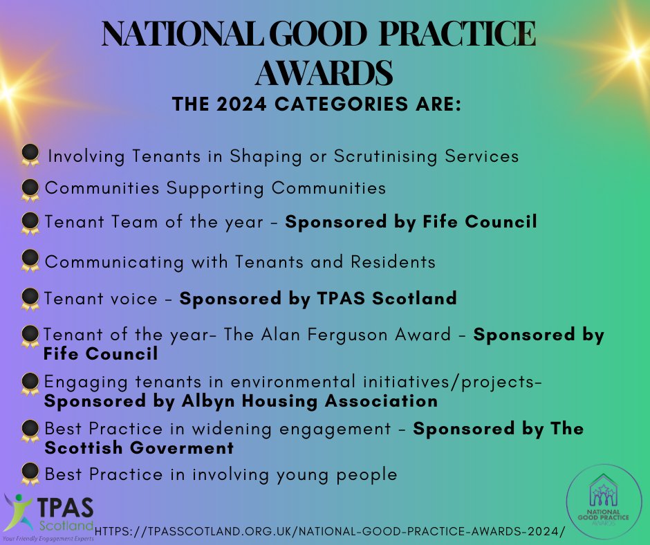 The closing date for the National Good Practice Awards is the 6th of May, Don't miss your opportunity to get your submission in. For information on how to sponsor an award then visit our website tpasscotland.org.uk/national-good-… @FifeCouncil @albynhousing @scotgov #TPASScotland