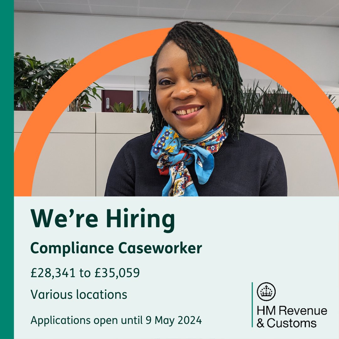 👩‍💻 Compliance Caseworkers 
💷 £28,341 - £35,059

Do you have an analytical mind and an eye for detail?

Become a Compliance Caseworker!

Analyse finances and ensure a fair tax system.

Full training provided.

Apply now 👇
civilservicejobs.service.gov.uk/csr/jobs.cgi?j…

#PeoplePurposePotential #NewJob