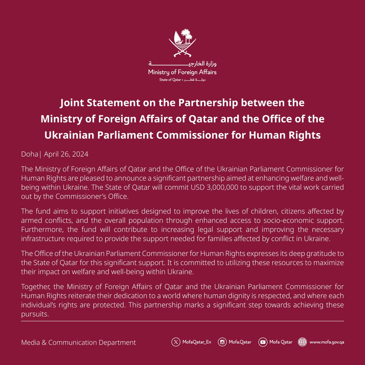 Joint Statement on the Partnership between the Ministry of Foreign Affairs of Qatar and the Office of the Ukrainian Parliament Commissioner for Human Rights #MOFAQatar