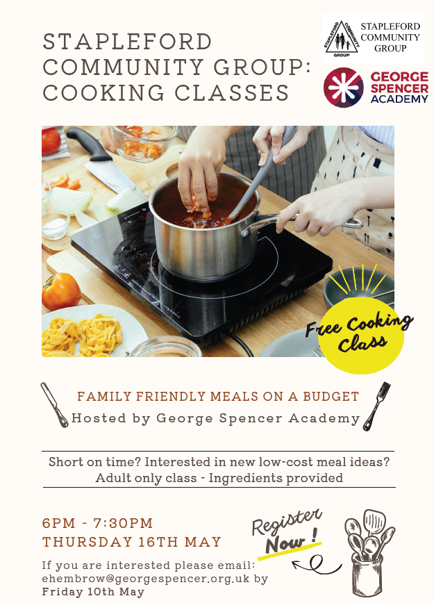 Community group cooking class: George Spencer Academy 16th May 6 - 7:30pm @CllrRichMacRae @George_Spencer @SouthNottsPBP @StaplefordCG