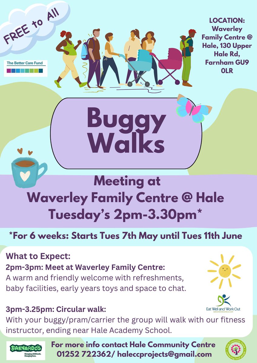 Waverley Family Centre are running a new six week initiative 'Buggy Walks' starting 7th of May. It will run on Tuesday's from 2pm-3:30pm, for more information contact: 01252 722362 or haleccprojects@gmail.com
