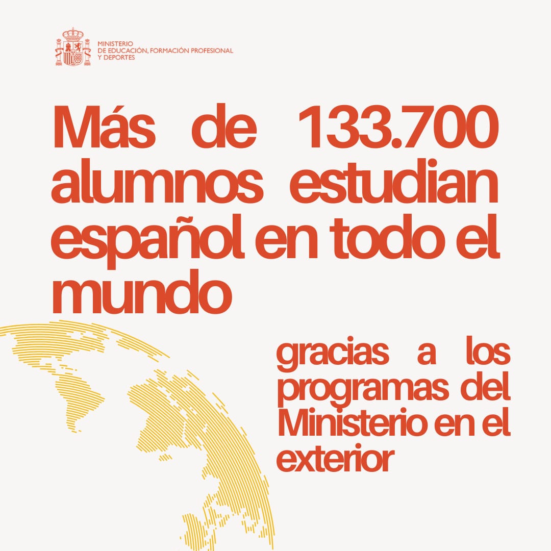 Este viernes publicamos la estadística de Acción Educativa Exterior correspondiente al curso 2023-2024. Gracias a los programas del Ministerio, más de 133.700 alumnos estudian español en todo el mundo. Pero hay más datos 👇
