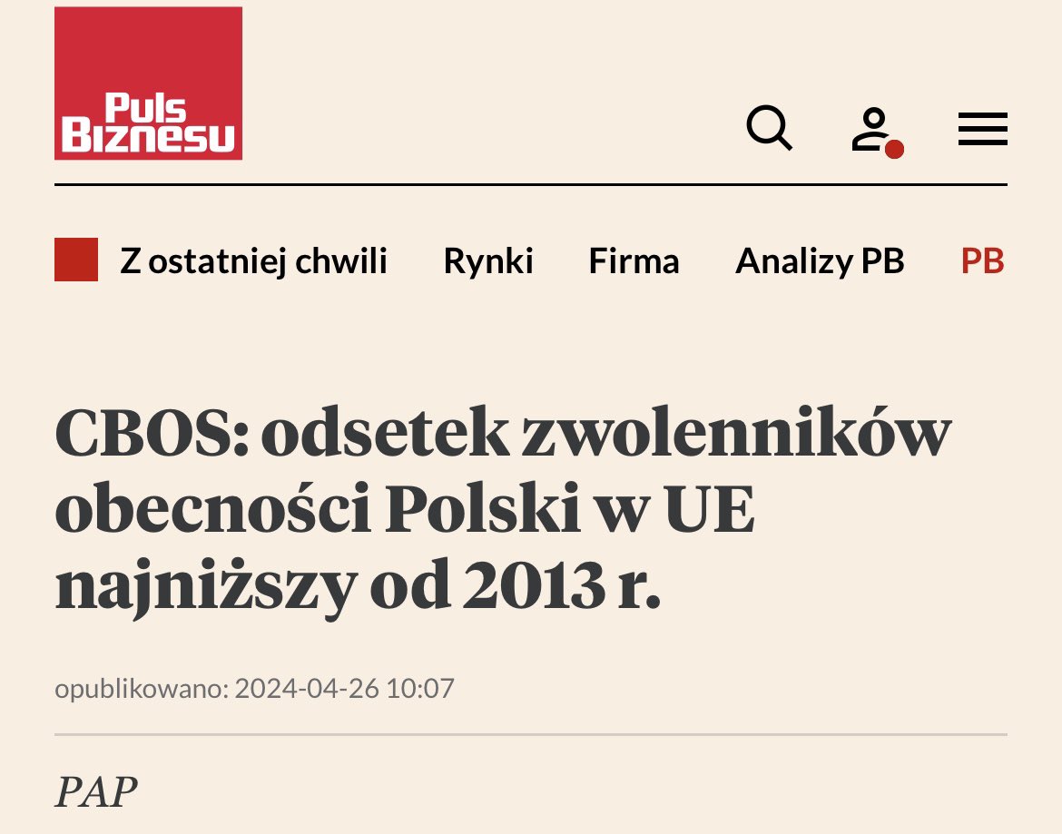 17% Polaków opowiada się zdecydowanie za opuszczeniem Unii Europejskiej - to wzrost o 7 punktów procentowych rok do roku i najwyższy wynik od kilkunastu lat! Badanie CBOS z kwietnia (w innych sondażowniach eurosceptycy to już rekordowe ponad 20%).