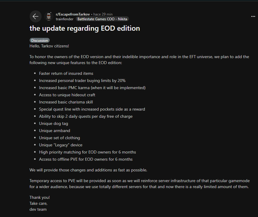 BRO WTF IS THIS? 💀 <a href="/bstategames/">Battlestate Games</a> <a href="/nikgeneburn/">Nikita Buyanov</a> <a href="/tarkov/">Escape from Tarkov</a> <a href="/ogdmit/">Dmitri Ogorodnikov 🔜 Paris Games Week</a> people couldnt give a fuck about 6 months of PVE, its not about what you are giving, its about how scummy everything was and how badly you are managing it, you could literally give the Unheard edition to ALL EOD owners