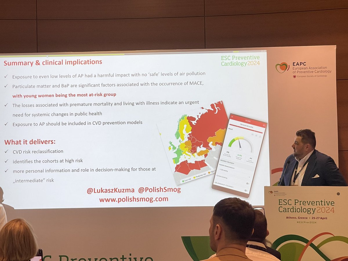 Strong 🔦 on #Environmental risk factors on cardiovascular #health at #ESCPrev2024 in Day 2 Impact of #AirPollution on major adverse #CV events. Insights from the EP-PARTICLES Cohort Study in Eastern 🇵🇱 🫀 no “safe” level for exposure & even low levels at risk of adverse effect…