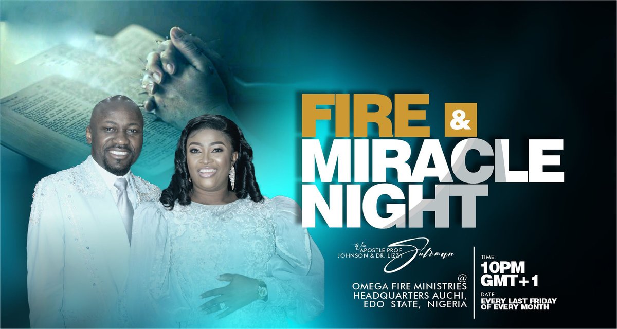 Join Us Tonight 26th April, 2024 For FIRE AND MIRACLE NIGHT April Edition By 10pm GMT+1 

LIVE @ The International Worship Center Of Omega Fire Ministries, Auchi, Edo State Nigeria

Stay Connected!