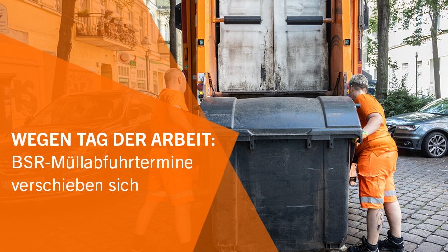 Wegen 1. Mai verschieben sich kommende Woche ab einschl. Mittwoch die #Müllabfuhr-Termine der #BSR: bsr.de/feiertagsregel… Die #Recyclinghöfe, Mechanischen Behandlungsanlagen Gradestraße und das #Müllheizkraftwerk Ruhleben sind am #Feiertag geschlossen. #Berlin #TagderArbeit