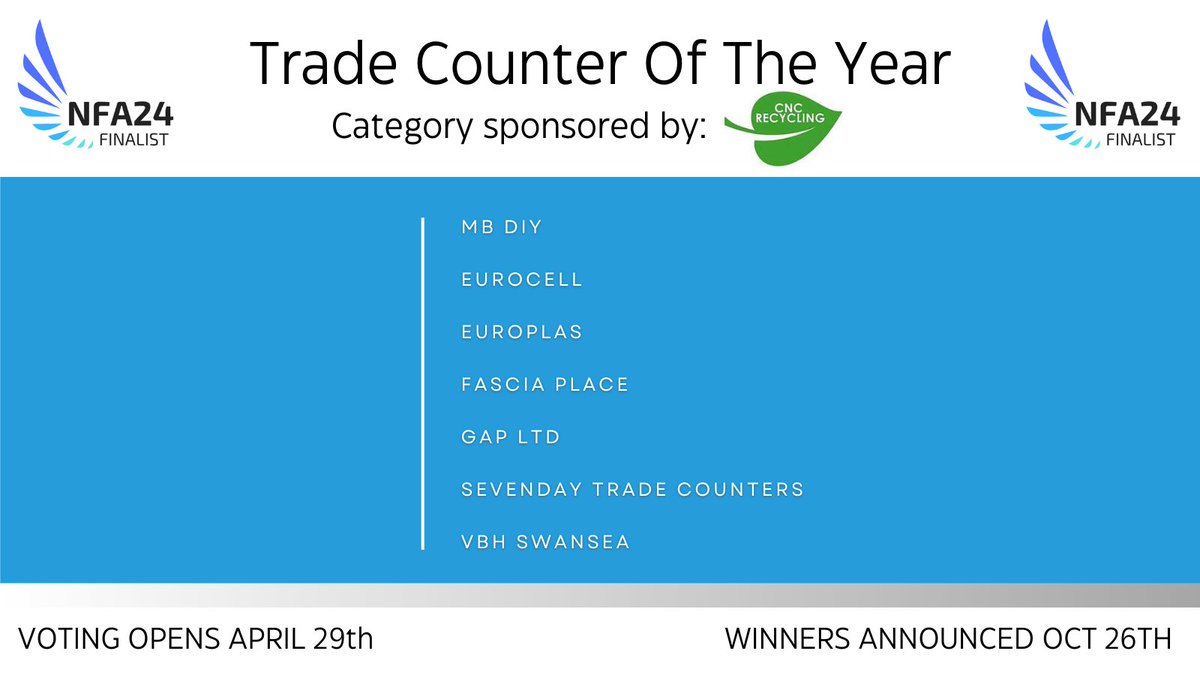 The #NFA24 Trade Counter Of The Year category is proudly sponsored by CNC Recycling