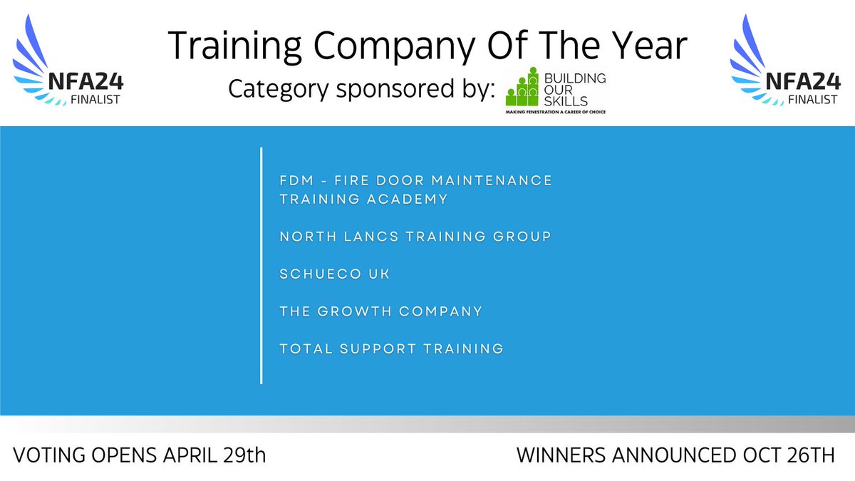 The #NFA24 Training Company Of The Year category is proudly sponsored by @BOSFenestration